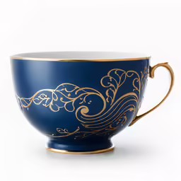 a blue bowl with gold designs is on a white background