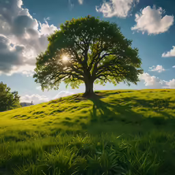a tree on the top of a grassy hill