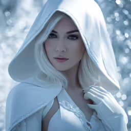 a beautiful woman wearing white on the side wearing a hood