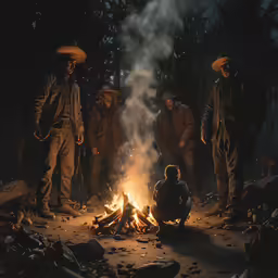 a group of cowboys and their dog are around a campfire