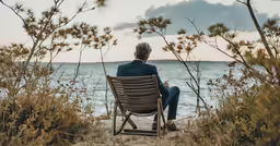 a person sitting on a bench with their hands clasped watching the ocean