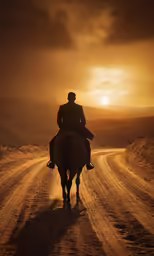 the man on the horse is walking through the dirt