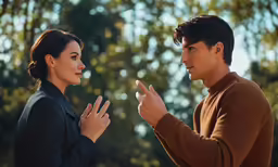 two people stand together, one has her hands in the air