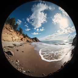 a beach with some rocks and water with a sky background