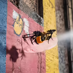 a close up of a person holding a bee on the ground