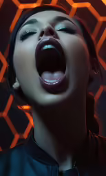 woman opening wide mouth with mouth open in front of bright background