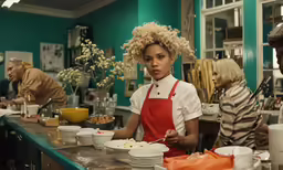 three people at the counter with bowls and plates