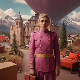 a girl in a uniform standing on the deck of a tall castle