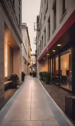 a long sidewalk between two buildings on a street