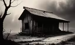 black and white photo of an old barn on a stormy day,an old house stands in the middle of the grass