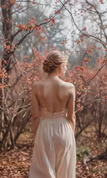 a woman in a dress looking back at leaves on trees