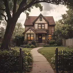 a house with an iron fence and landscaping in front