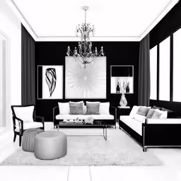 a black and white living room with large windows