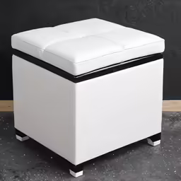 white leather storage ottoman with lid on casteors