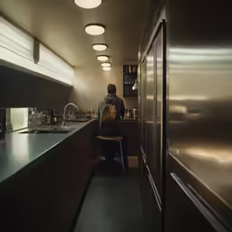 a man that is sitting in front of a refrigerator