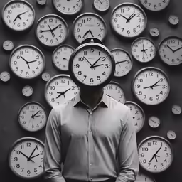a man standing with multiple clocks stacked over his head