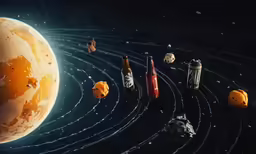 eight bottles and an astronaut floating around on their back