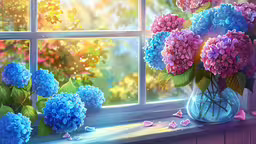 a vase of flowers sits on the windowsill in front of a window,a vase full of hydranthes and butterflies on a window sill