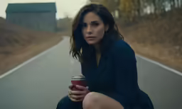 a woman kneeling down with a cup and a drink in her hand