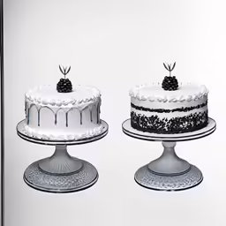 two cakes decorated with a single layer white cake on stands