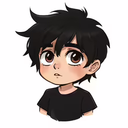 the boy has black hair and is looking to his left