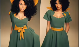 a girl in a green dress with large afros and a big yellow hat