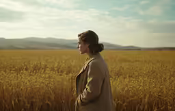 a woman standing in a field of yellow wheat