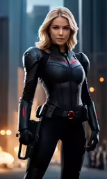 a woman in black suit standing on street with gun