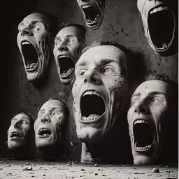several masks, with mouths open and one on the ground