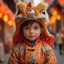 a little boy dressed up like an animal wearing a large chinese hat