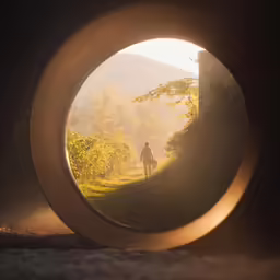 a person walking their dog on a trail in a tunnel