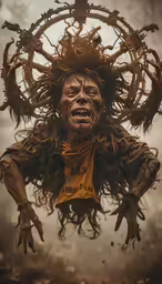 a face that is covered in hair and some plants