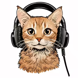 an orange cat with headphones is looking at the camera