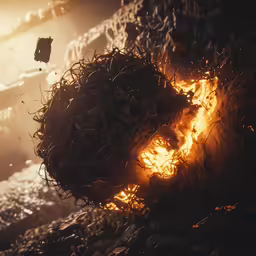 a pile of hay on fire, next to the water
