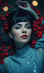 a woman laying down in a field with red roses