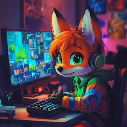 a fox is playing the computer game with headphones