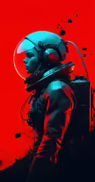 man in a space suit standing behind a red backdrop