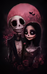 a couple with painted faces and skeleton makeup in front of a red full moon