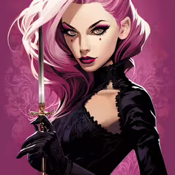 a female in black dress with a sword,an image of a woman with purple hair holding a sword