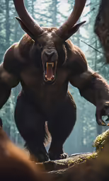 an angry bull standing on a rock in the woods