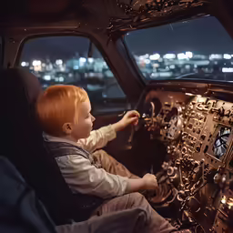 little boy in flight gear sitting at the controls area of a plane at night