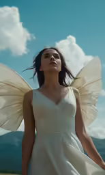the model is posing with a fairy wing in her hands