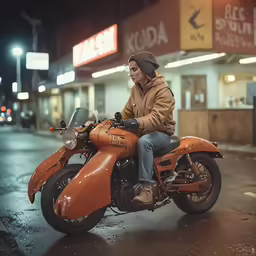 an orange motorcycle is parked on a city street