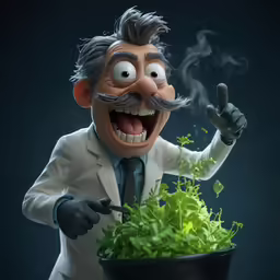 there is a fake cartoon man standing over a pot with some plants