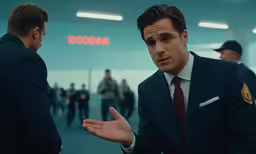 a man in suit talking to another person with other people in the background