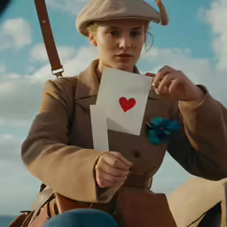 a young woman holds up a card that says i love you