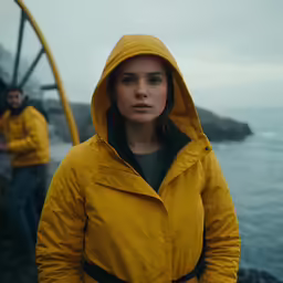 the woman in yellow is standing on the rocks