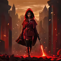 a poster of a woman with a sword and hood