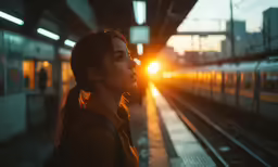a woman standing on the platform at sunset