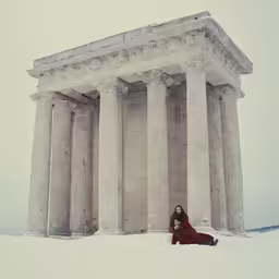 a woman standing next to a monument covered in snow